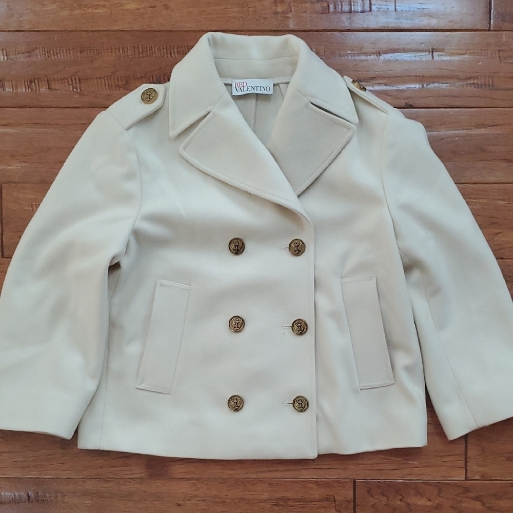 RED Valentino Cream Double-Breasted Crop Wool Peacoat